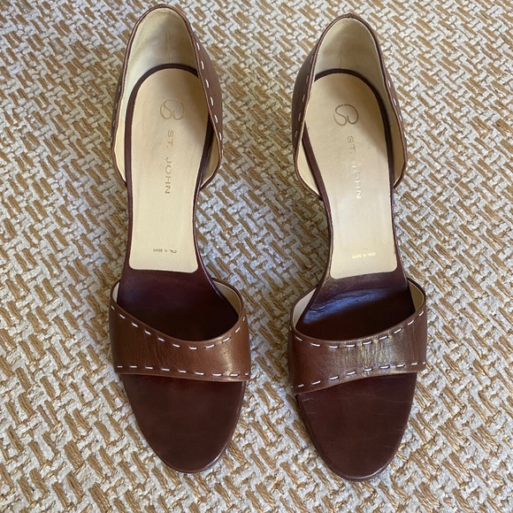 Vintage St. John Brown Open Toe Heels with Contrast Stitching 7.5 - Picture 1 of 7